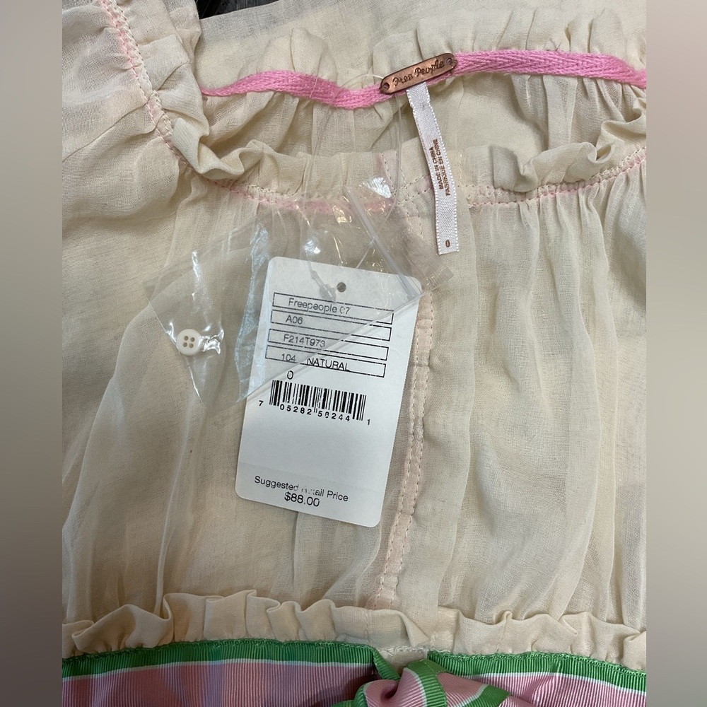 NWT Free People Cream Gauze Empire Waist Tunic Blouse – Pink & Green Ribbon - Picture 12 of 16